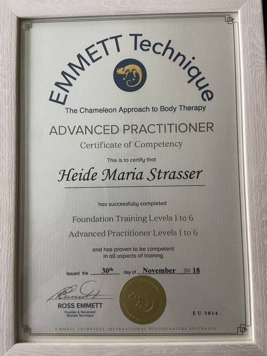 Zertifikat: EMMETT Technique Advanced Practitioner, Heide Maria Strasser